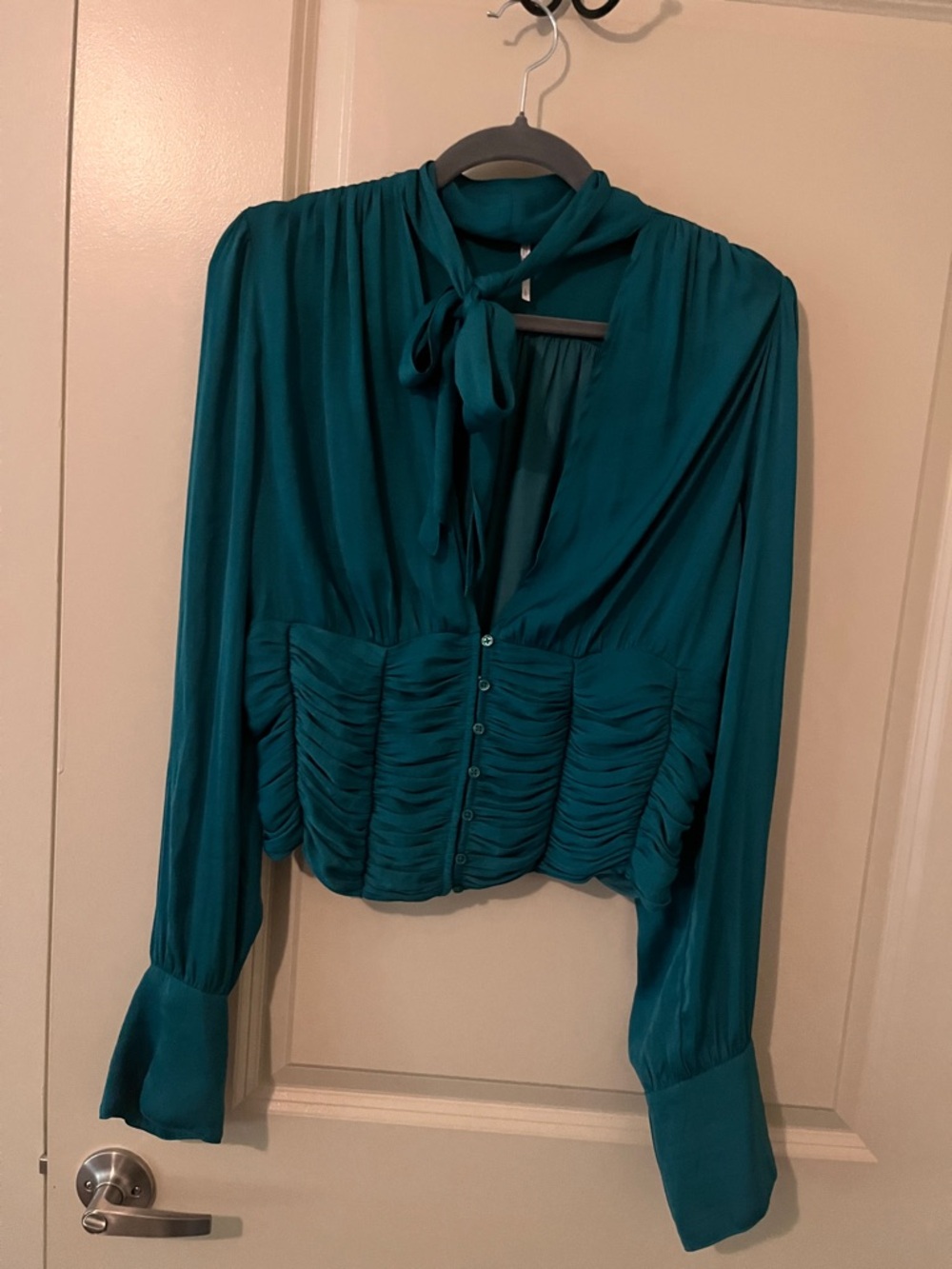 Free People emerald ruched tie neck quirky cottagecore silky blouse quiet luxury